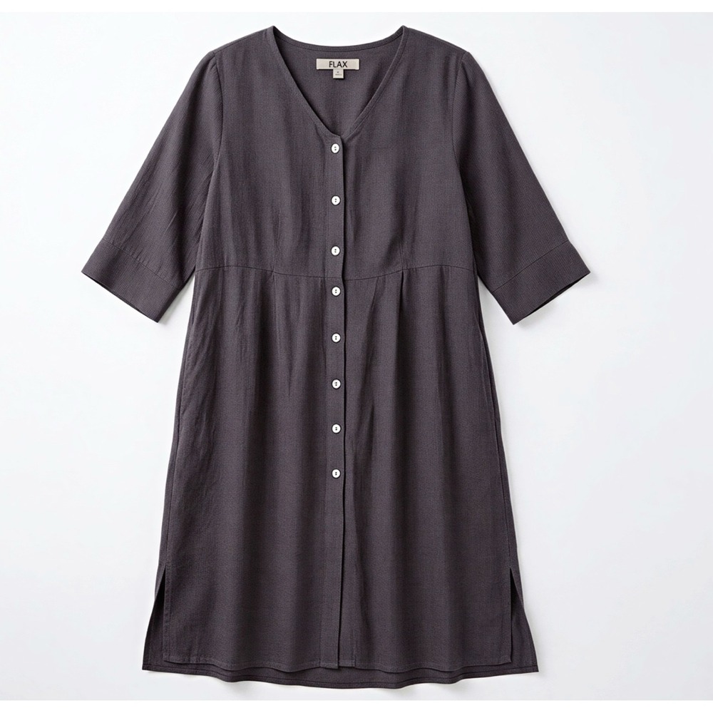 FLAX Linen Dress Womens Medium Navy Blue Button Front Lagenlook